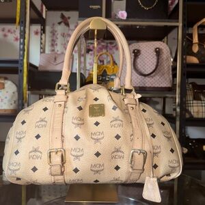 MCM Beige Monogram Dome Satchel with Gold Plaque